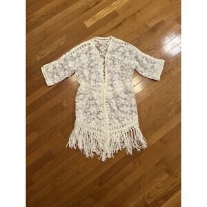 Chicos Ivory Lace Fringe Kimono Cardigan Boho Sheer Cover Up Size 1 Womens